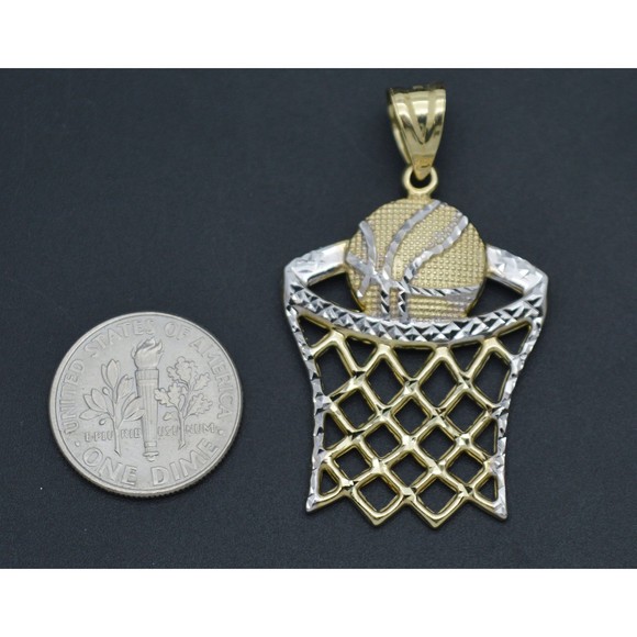 Real 10K Two-Tone Gold 41mm Diamond Cut Basketball Hoop Net Sport Pendant 2.0gr - Picture 3 of 6